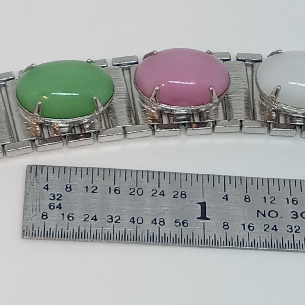 * vintage Sarah Coventry multi-color glass oval cabs bracelet w/safety chain 7" - Picture 2 of 6